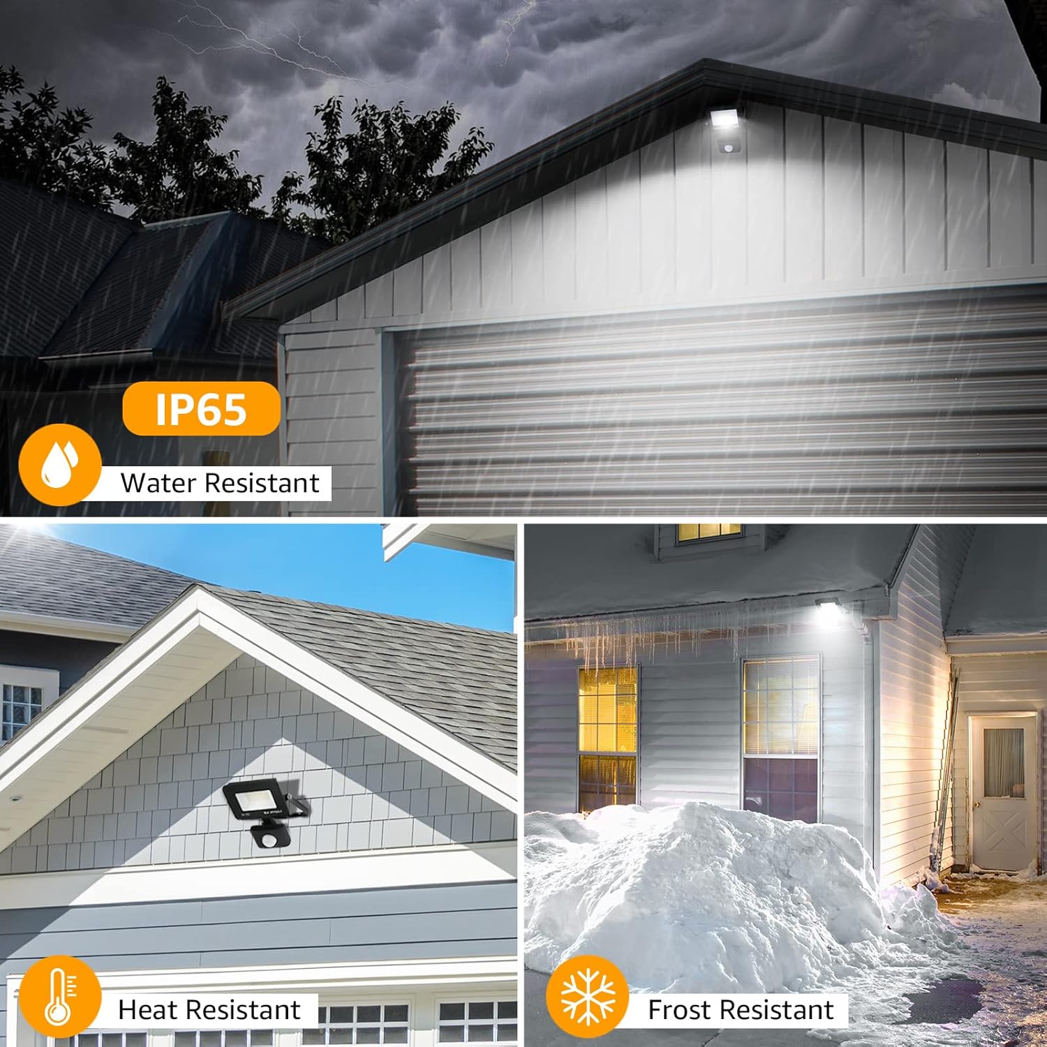 Collage of a house with outdoor lighting fixtures, highlighting water resistance, heat resistance, and frost resistance features.