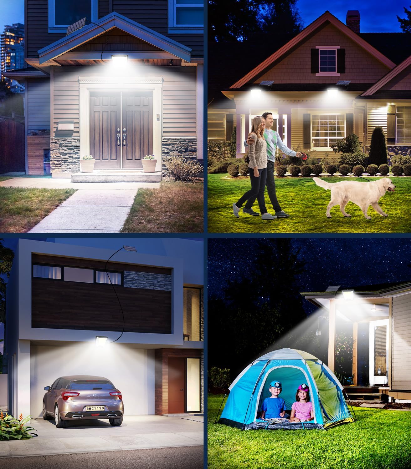 Collage of a house with outdoor lighting fixtures in various settings.