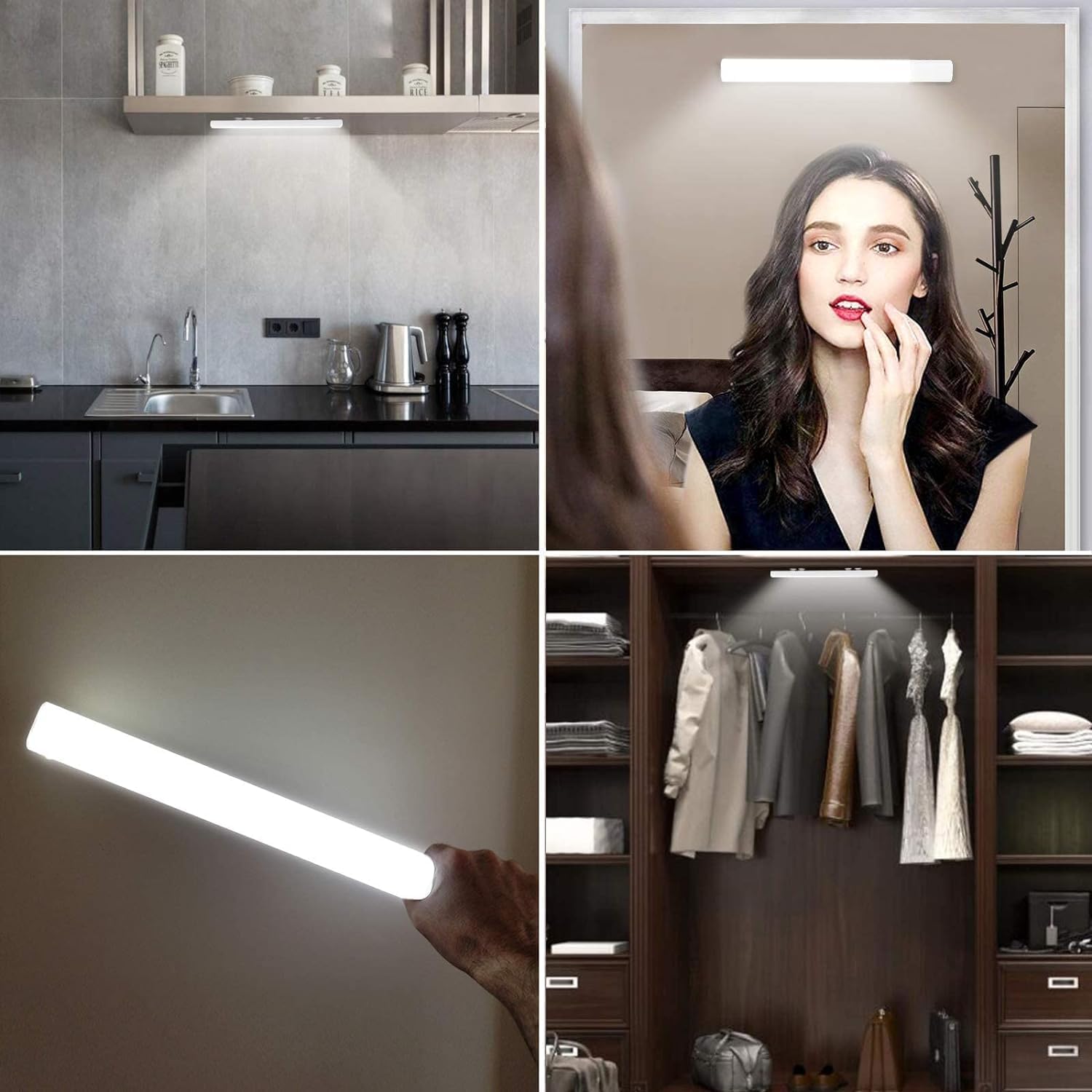 Collage of a kitchen, a woman applying makeup, a light bar, and a wardrobe with clothes.