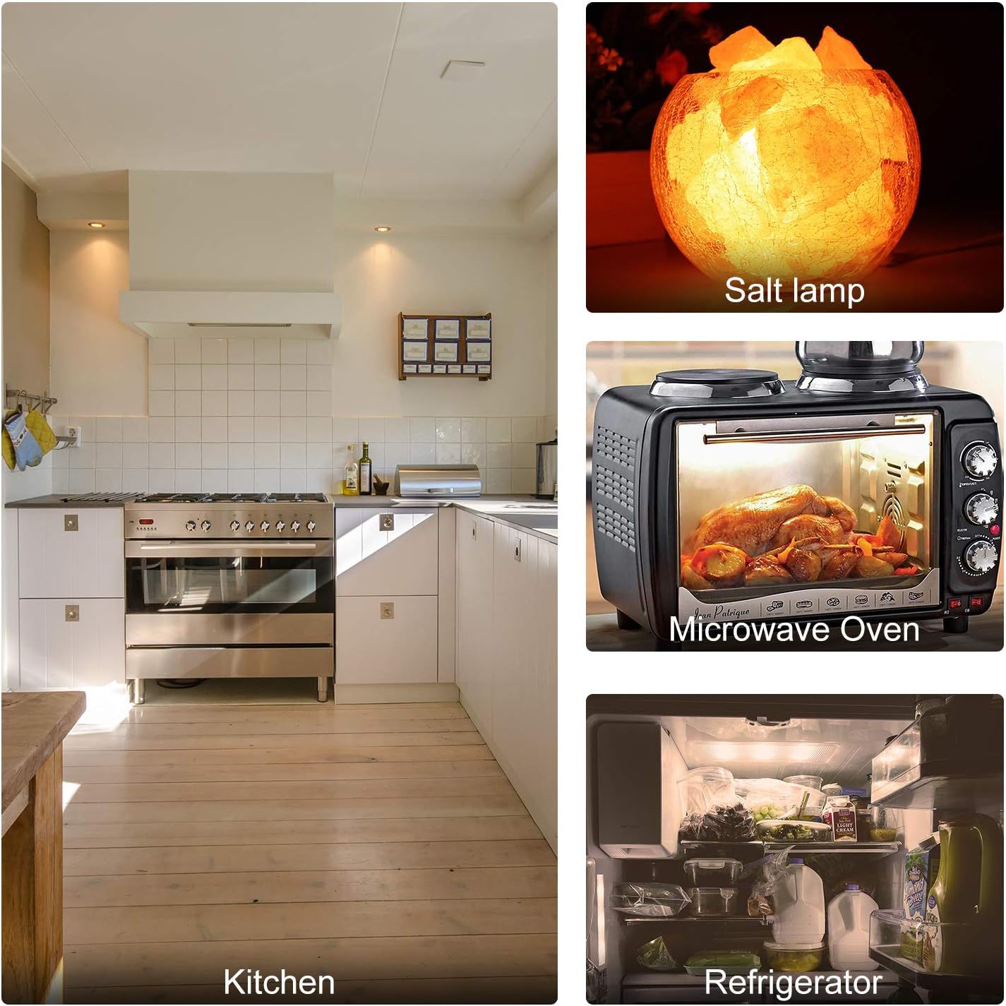Collage of a kitchen, salt lamp, microwave oven, and refrigerator.