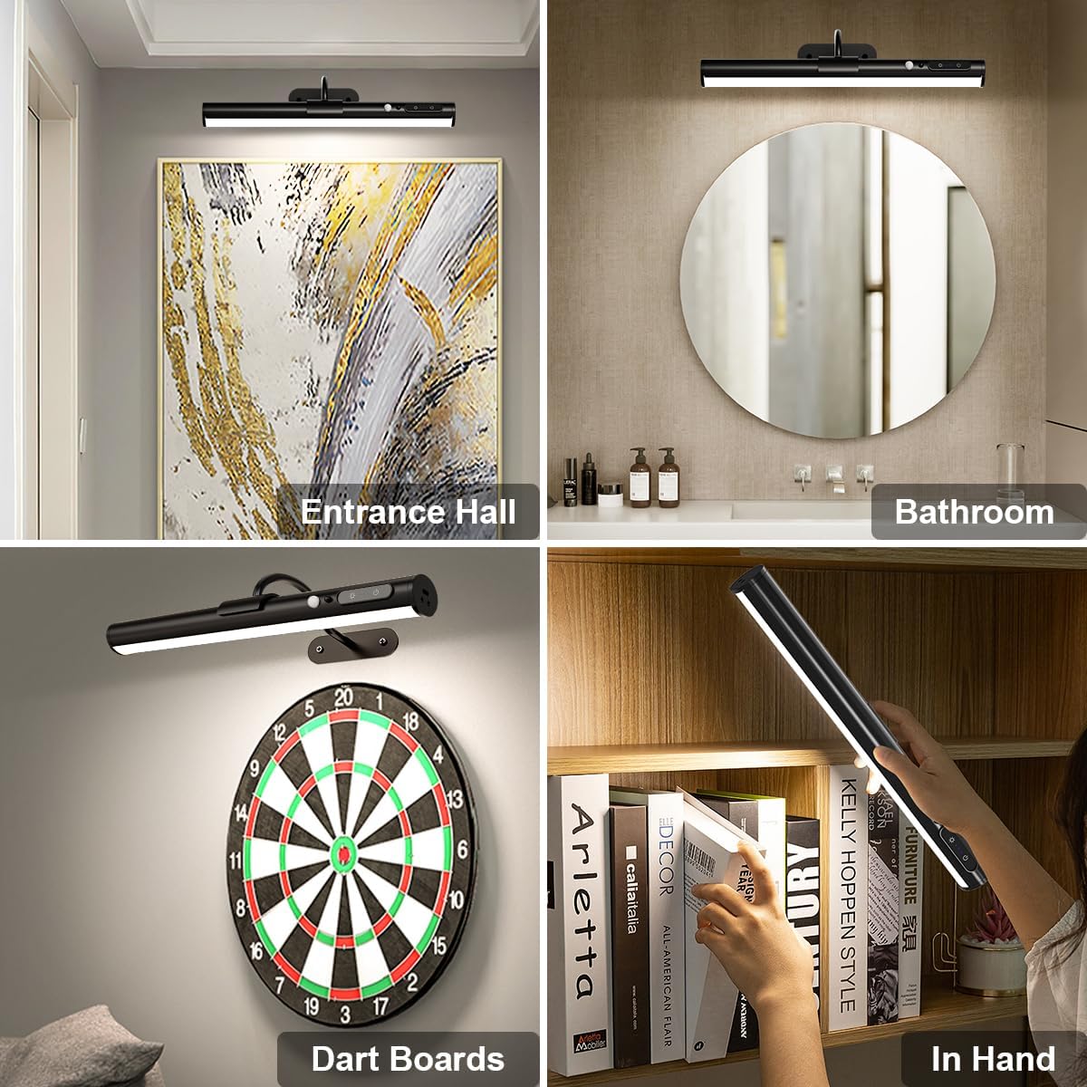 Collage of a light fixture in different settings including an entrance hall, bathroom, dart boards, and in hand.