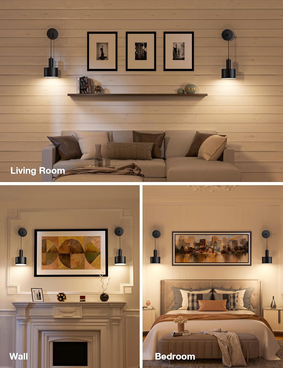 Collage of a living room, wall, and bedroom with decorative elements.