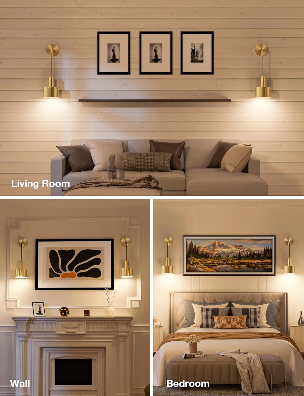 Collage of a living room, wall, and bedroom with decor elements.