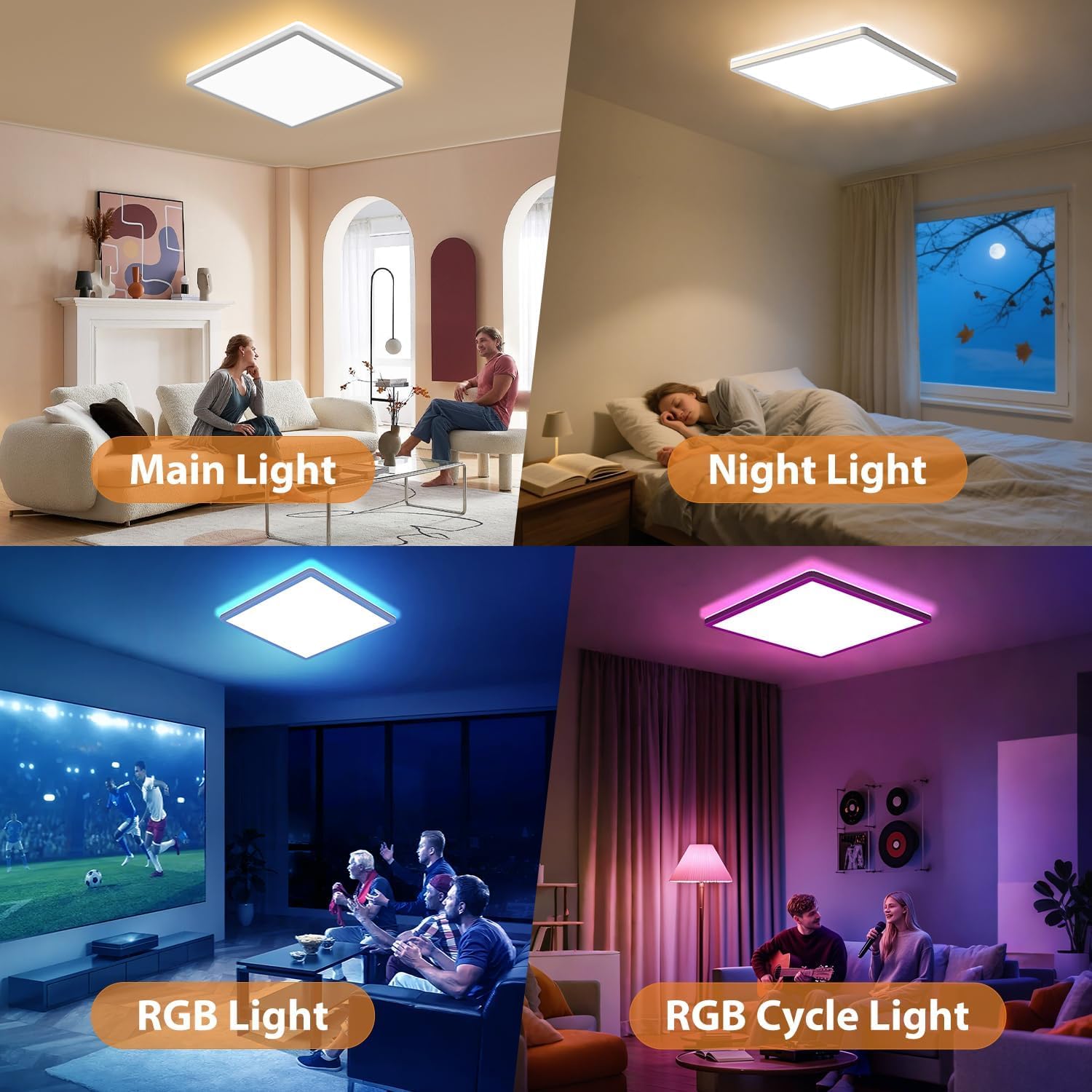 Collage of a living room with different lighting modes: Main Light, Night Light, RGB Light, and RGB Cycle Light.