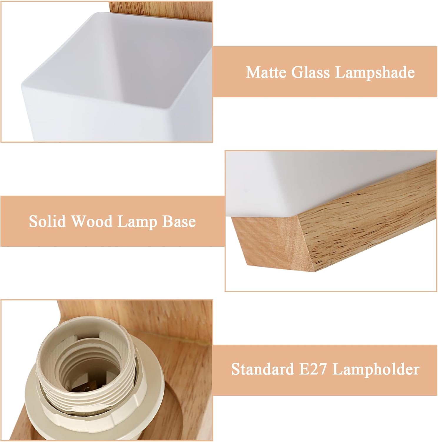 Collage of a matte glass lampshade, solid wood lamp base, and standard E27 lampholder.