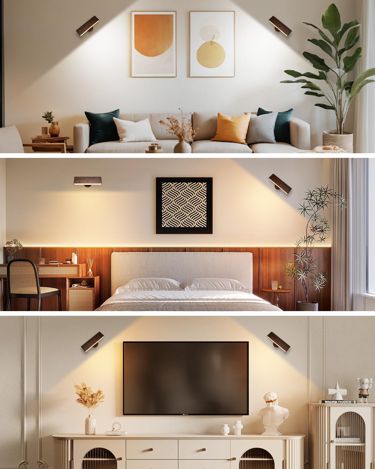 Collage of a modern bedroom with lighting fixtures, decor, and furniture.