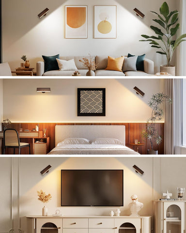 Collage of a modern bedroom with lighting fixtures, decor, and furniture.