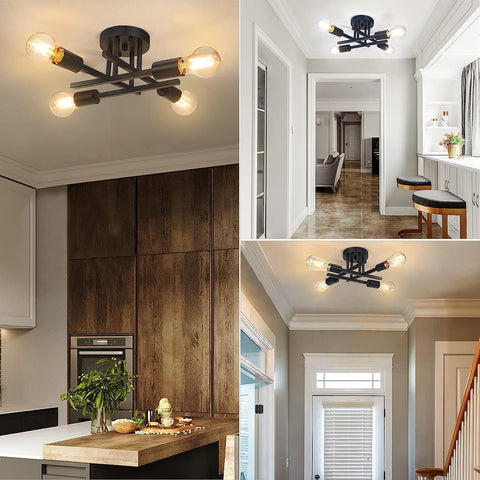 Collage of a modern ceiling light fixture in various indoor settings.