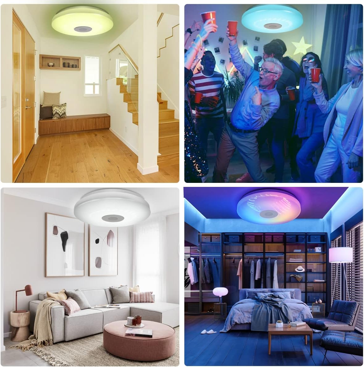 Collage of a modern home interior with different lighting setups.