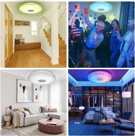 Collage of a modern home interior with different lighting setups.