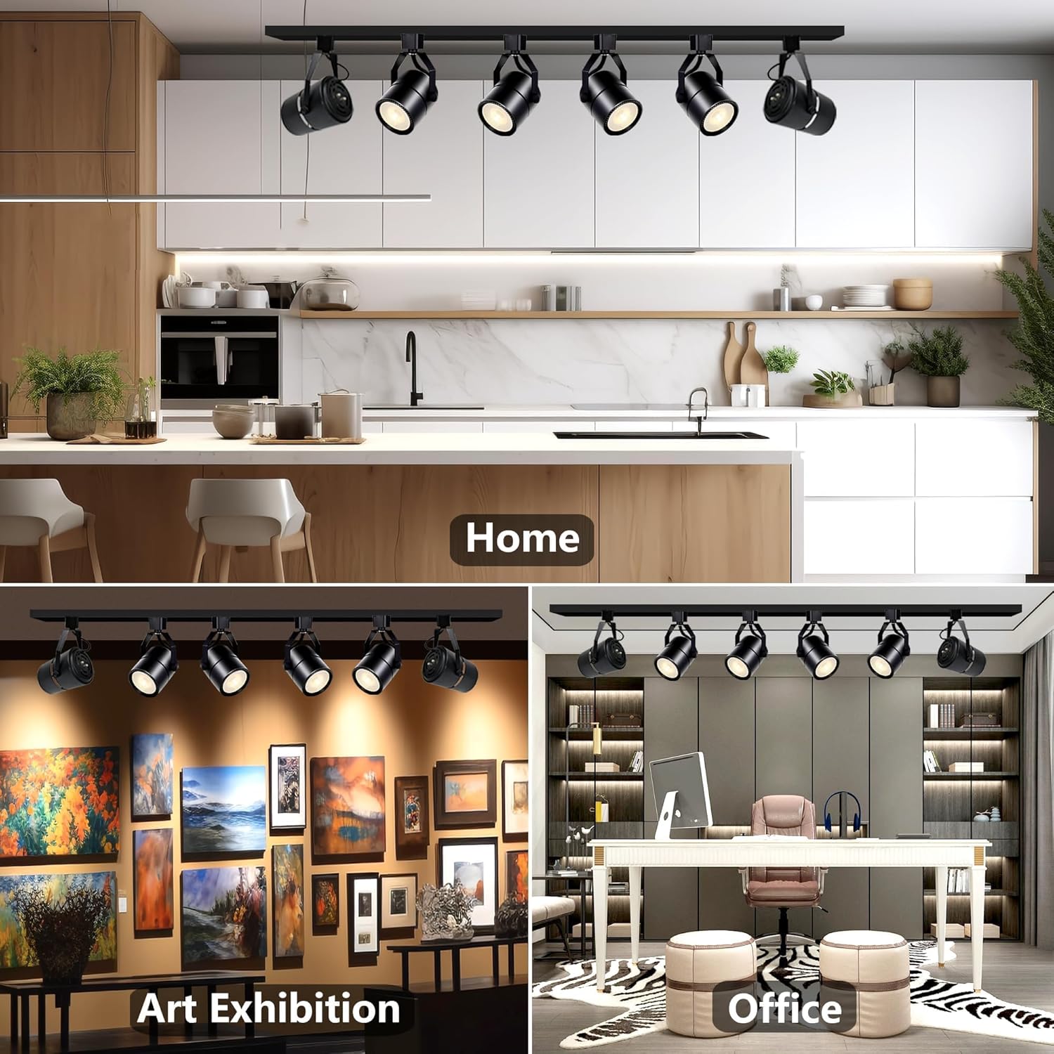 Collage of a modern kitchen, art exhibition, and office interior.