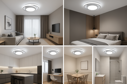 Collage of a modern living room, bedroom, kitchen, and bathroom with ceiling lights.