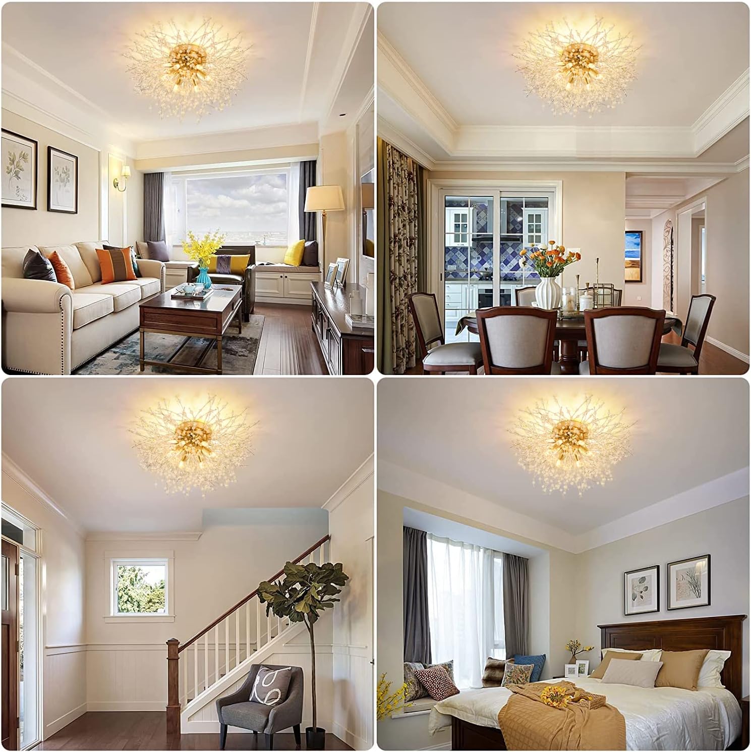 Collage of a modern living room, dining area, staircase, and bedroom with a ceiling light fixture.