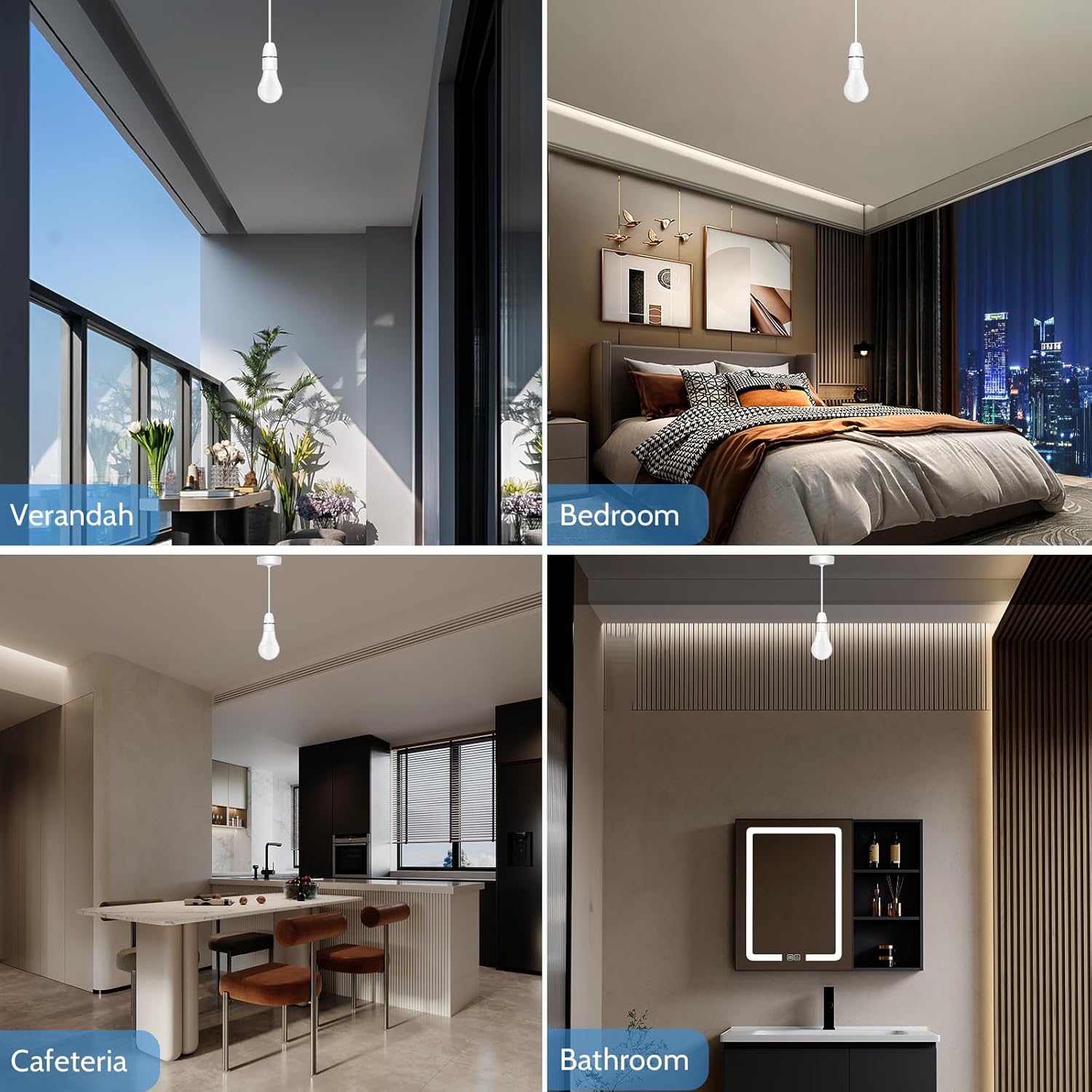 Collage of a modern living space with verandah, bedroom, cafeteria, and bathroom.