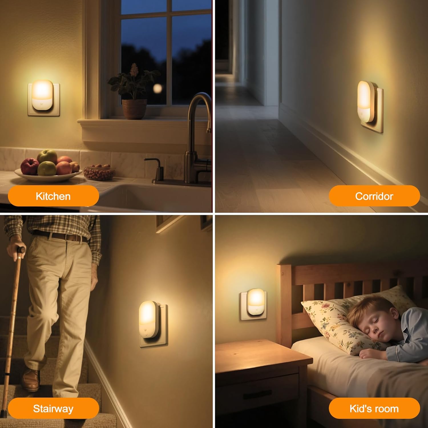 Collage of a night light in different settings: kitchen, corridor, stairway, and kids' room.
