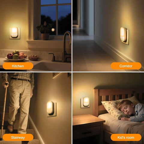 Collage of a night light in different settings: kitchen, corridor, stairway, and kids' room.