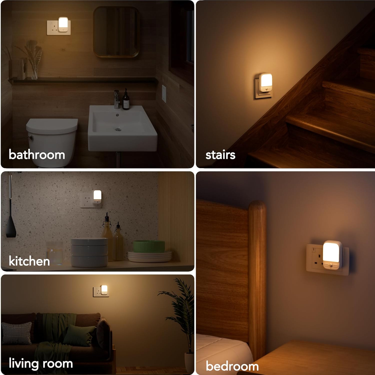Collage of a night light in various rooms including bathroom, stairs, kitchen, living room, and bedroom.