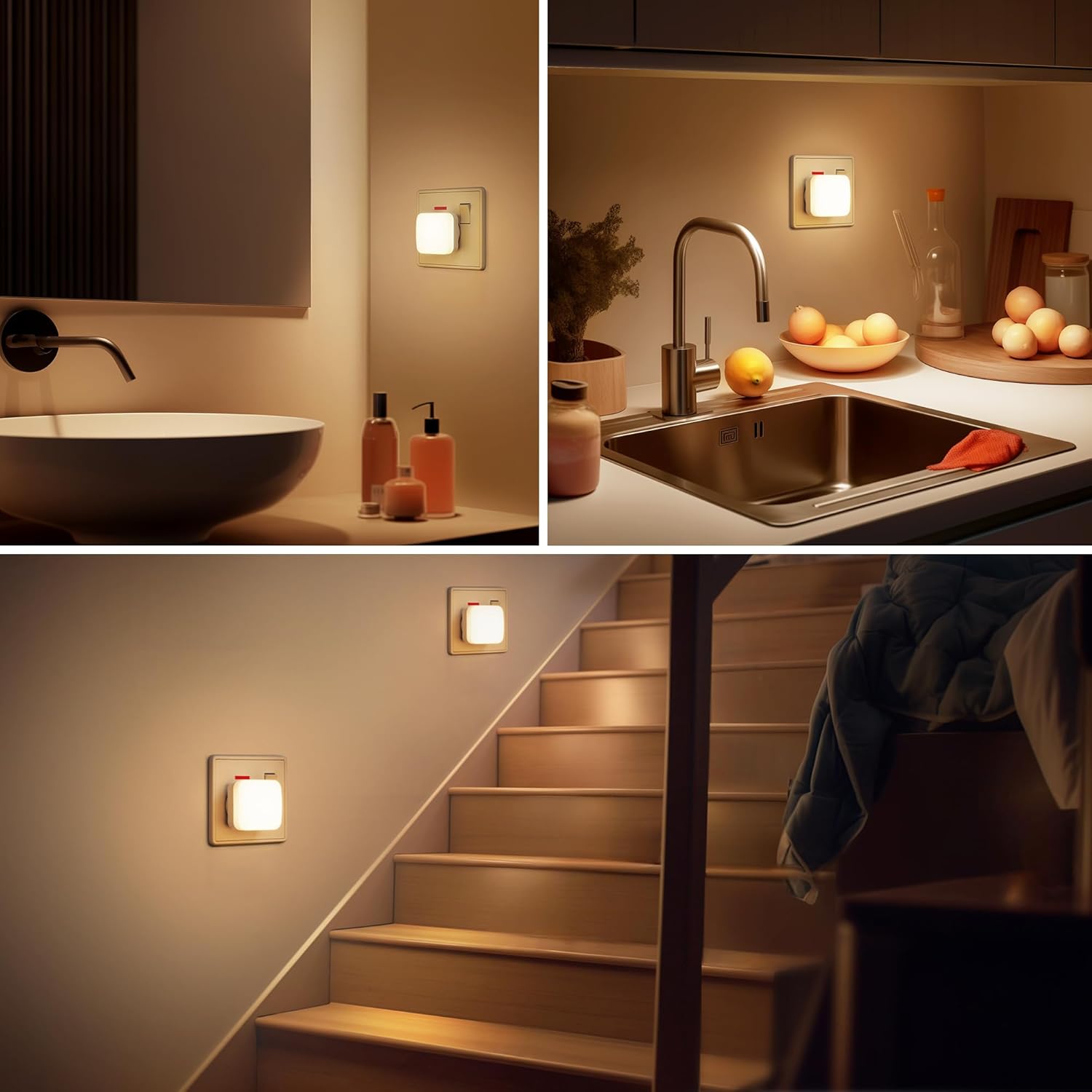 Collage of a night light in various settings including a bathroom, kitchen, and staircase.