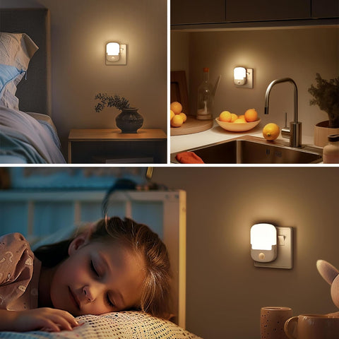 Collage of a night light in various settings including a bedroom, kitchen, and child's room.