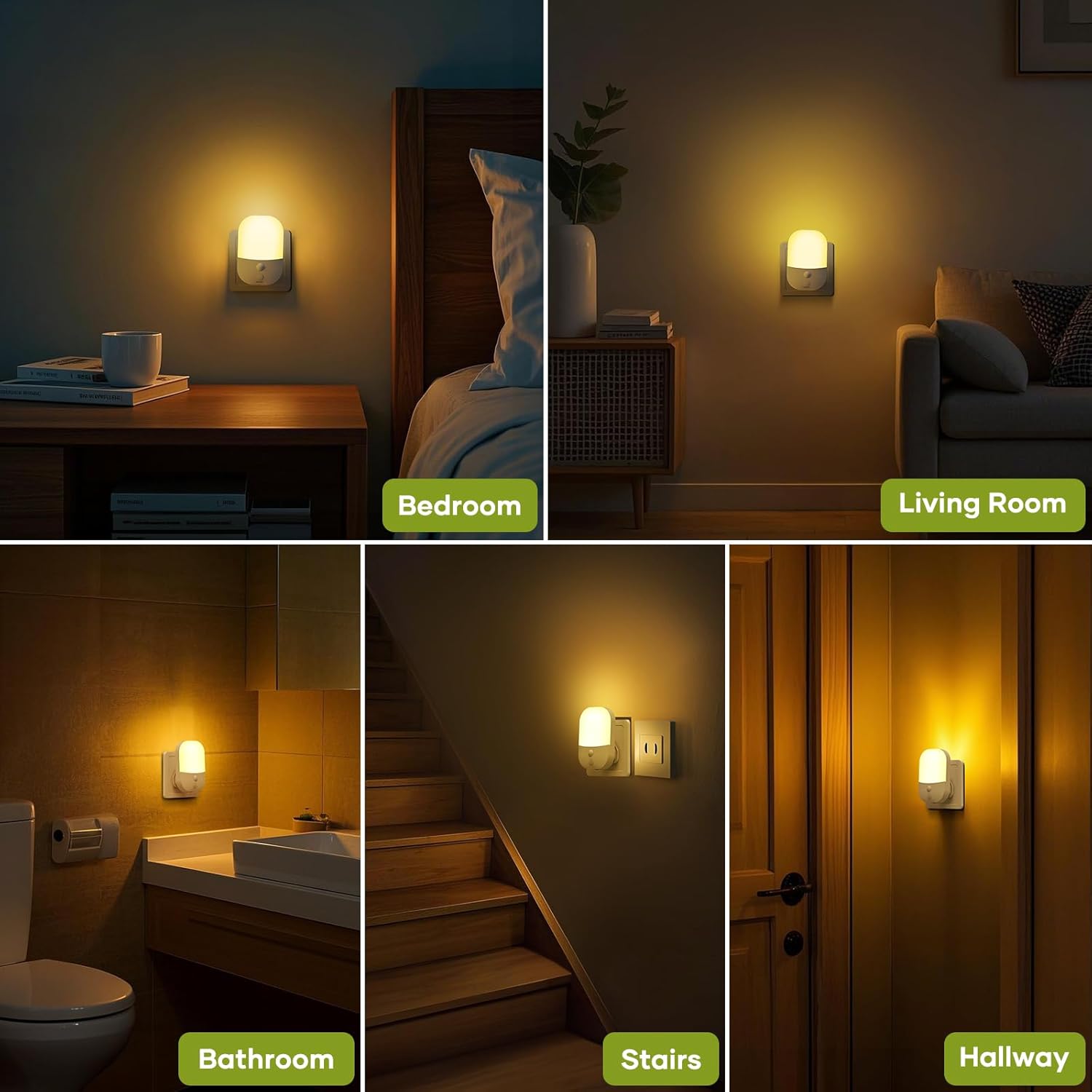 Collage of a night light in various settings including bedroom, living room, bathroom, stairs, and hallway.