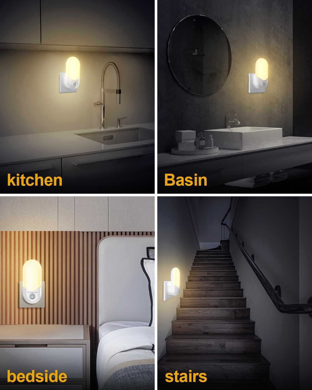 Collage of a night light in various settings including kitchen, basin, bedroom, and stairs.