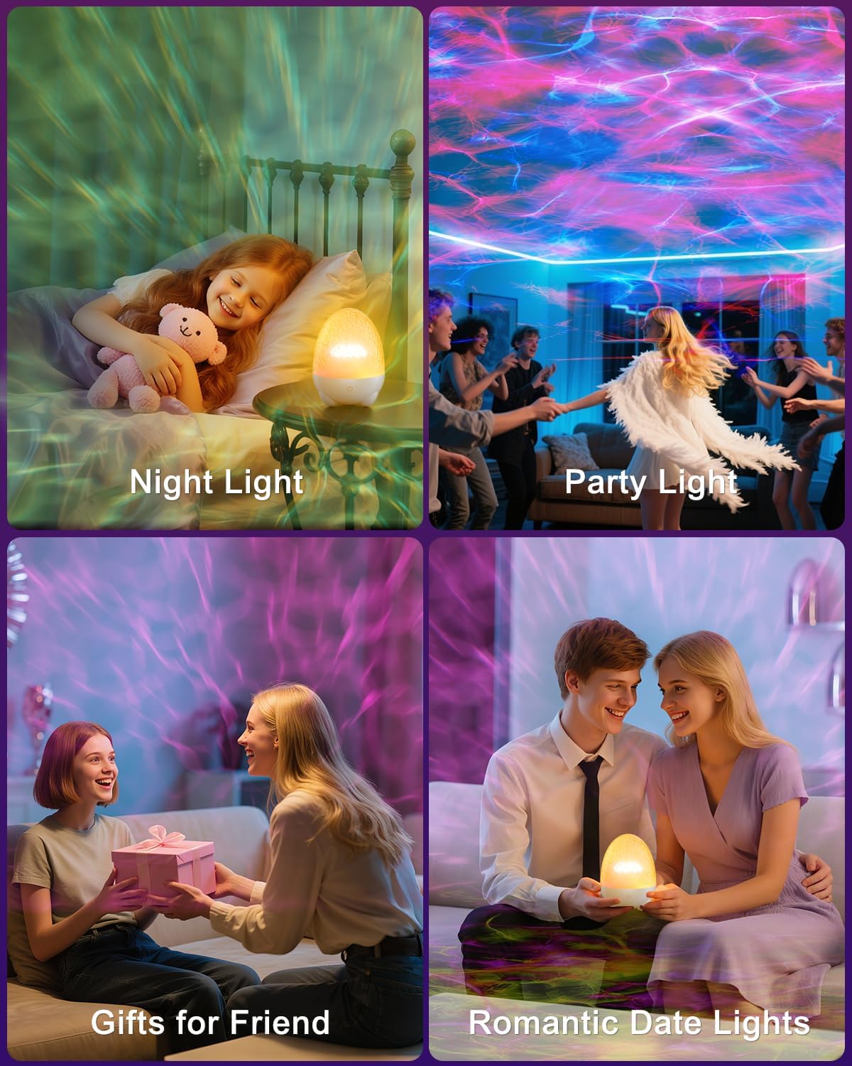 Collage of a night light, party light, gift for friend, and romantic date lights with people using them.