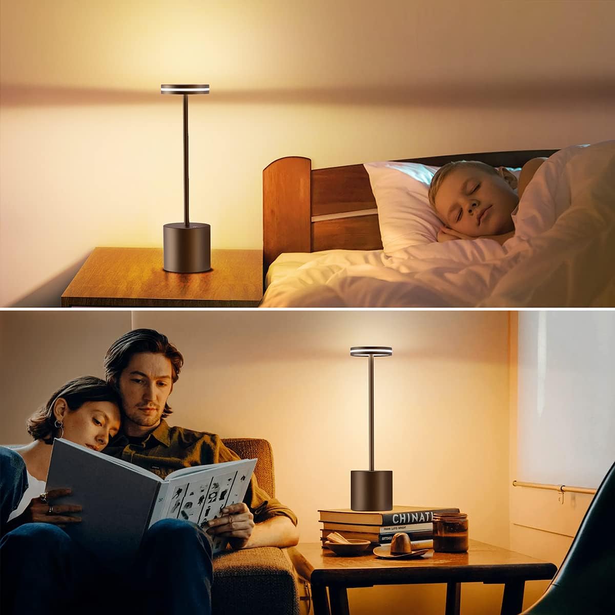 Collage of a person reading a book with a lamp on a table next to them, and another person sleeping in bed.