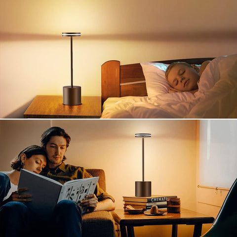 Collage of a person reading a book with a lamp on a table next to them, and another person sleeping in bed.