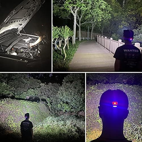 Collage of a person using a headlamp in various settings, including under a car hood and on a path.