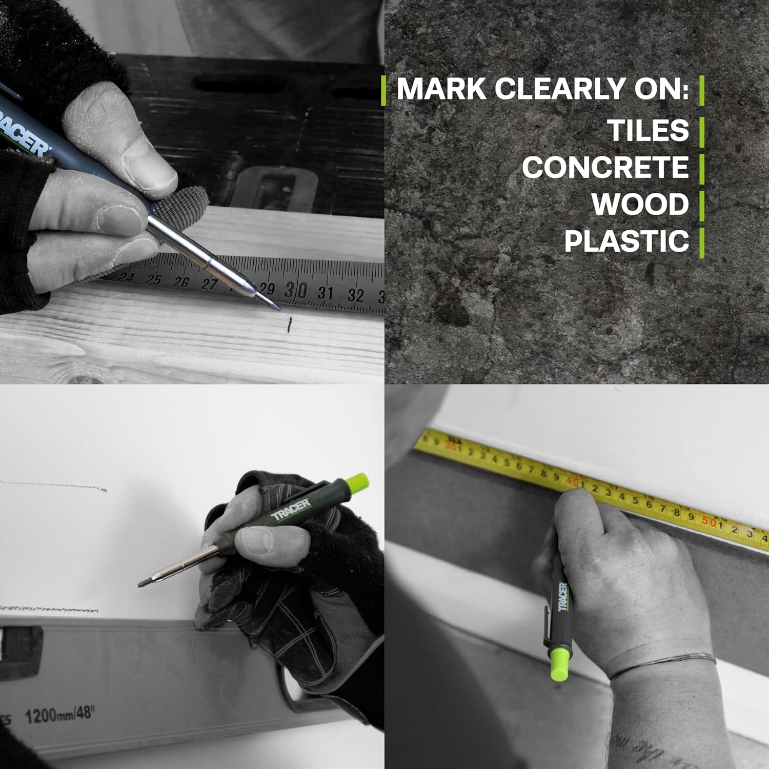 Collage of a person using a marker on various surfaces with text indicating suitability for different materials.