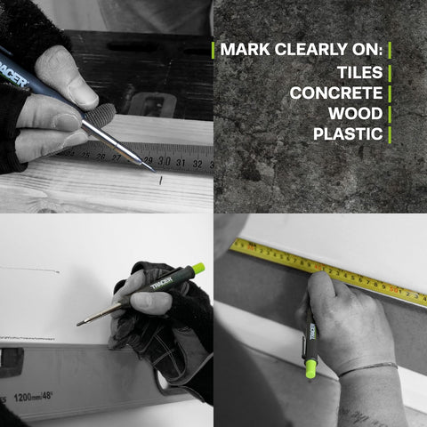 Collage of a person using a marker on various surfaces with text indicating suitability for different materials.