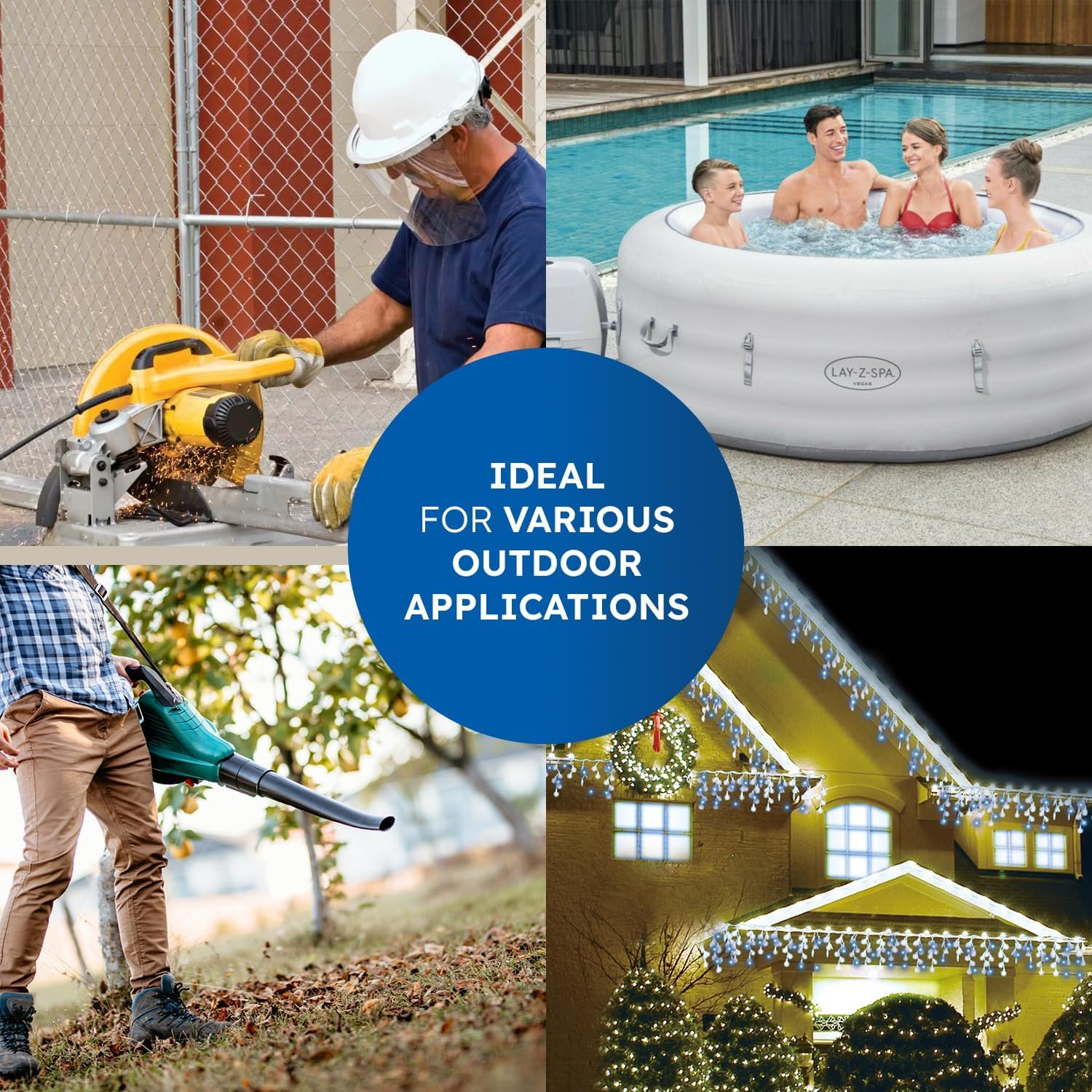 Collage of a person using a power tool, a family in an inflatable hot tub, a person using a leaf blower, and a house decorated with lights.