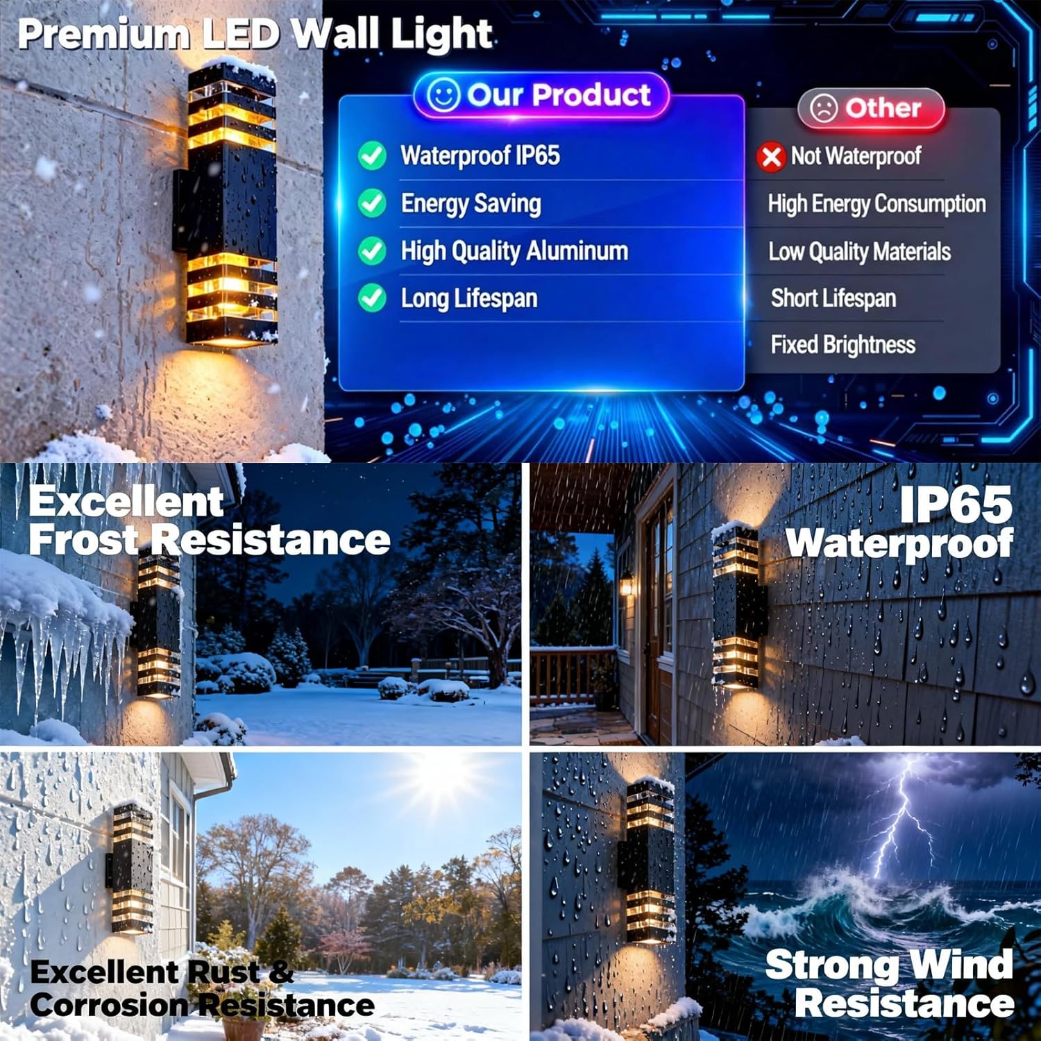 Collage of a premium LED wall light with features highlighted, including waterproof rating and resistance to frost, rust, and wind.