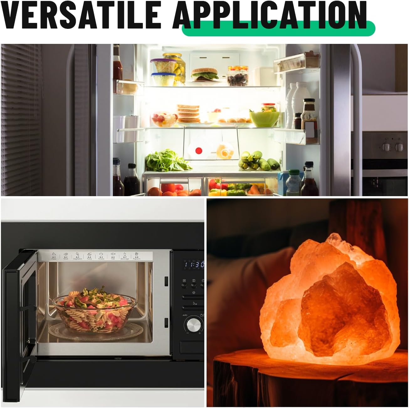 Collage of a refrigerator, microwave, and salt lamp with text 'VERSATILE APPLICATION'.