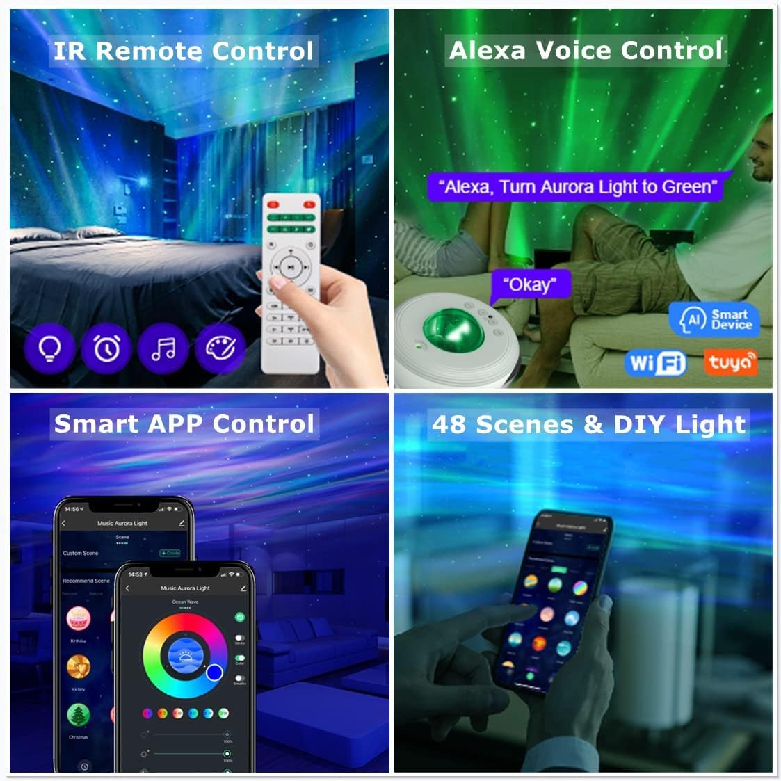 Collage of a remote control, smartphone app, and voice control for smart lighting system.