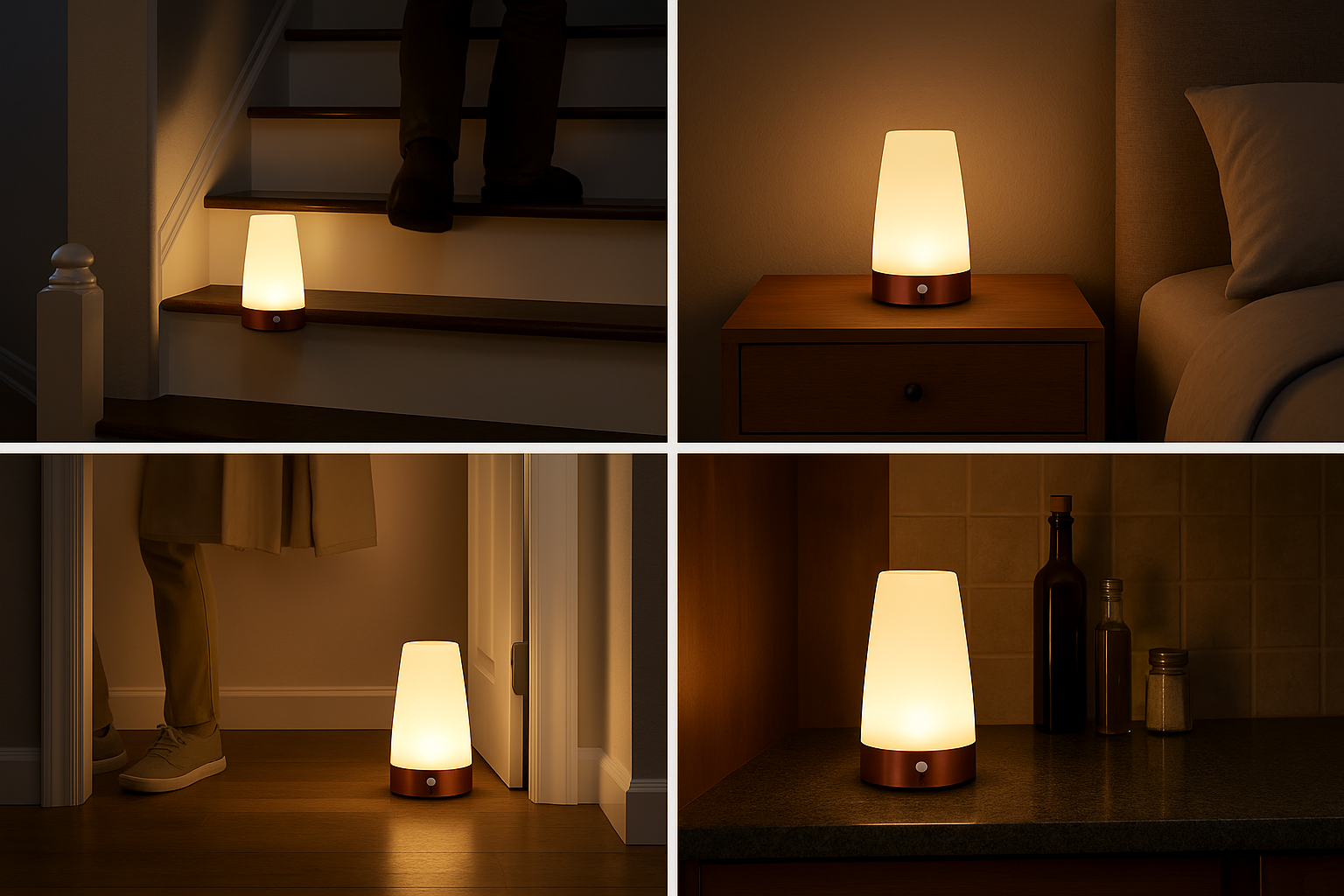 Collage of a small lamp in various settings, including stairs, nightstand, hallway, and shelf.
