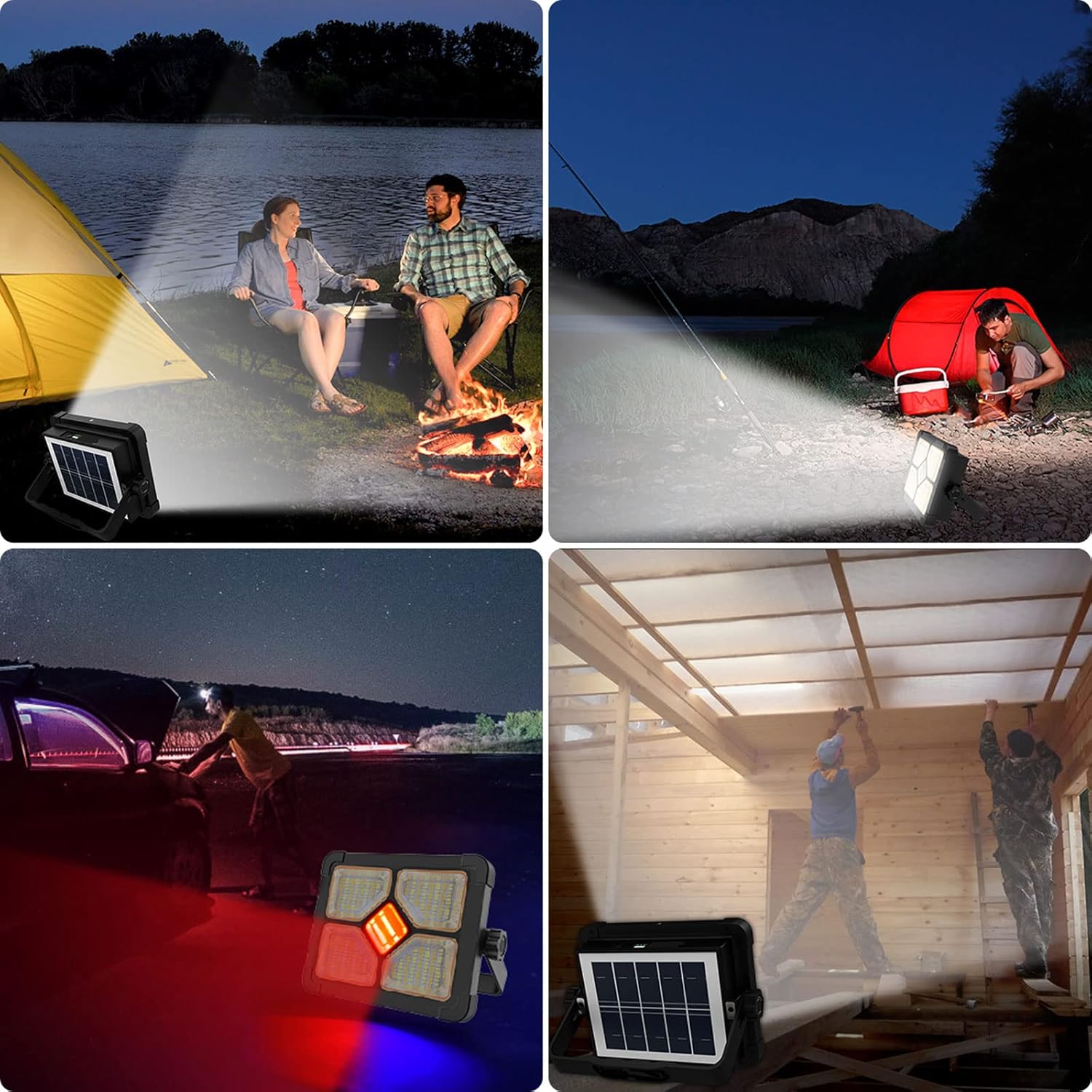 Collage of a solar-powered light being used outdoors at night.