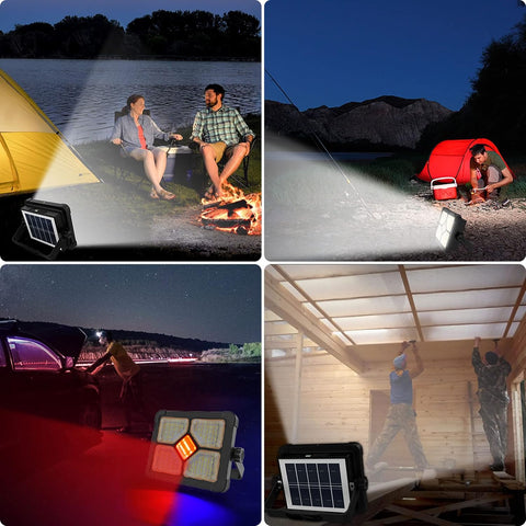 Collage of a solar-powered light being used outdoors at night.