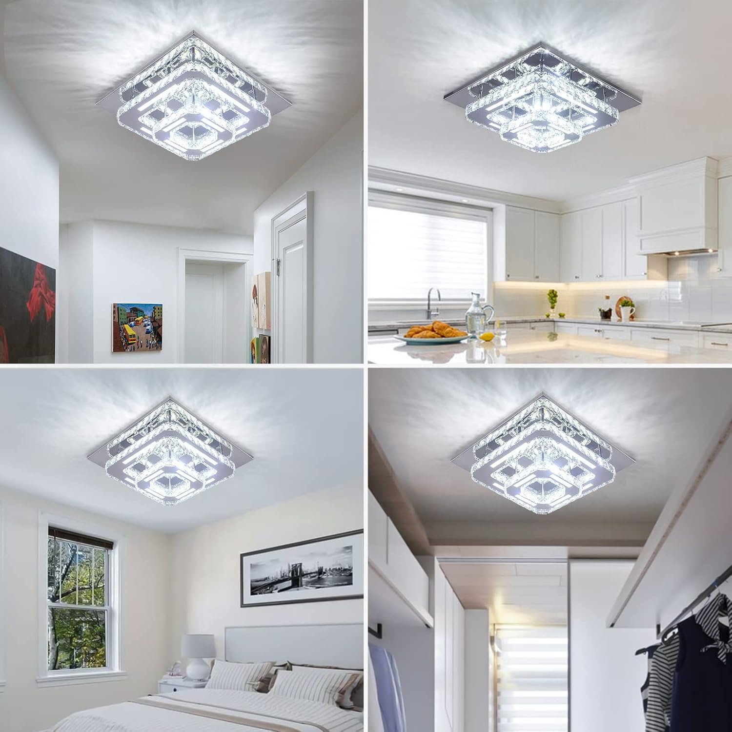 Collage of a square ceiling light fixture in various indoor settings.