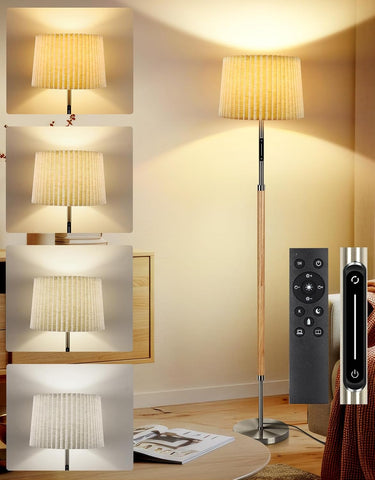 Collage of a standing lamp with multiple light settings in a room setting.