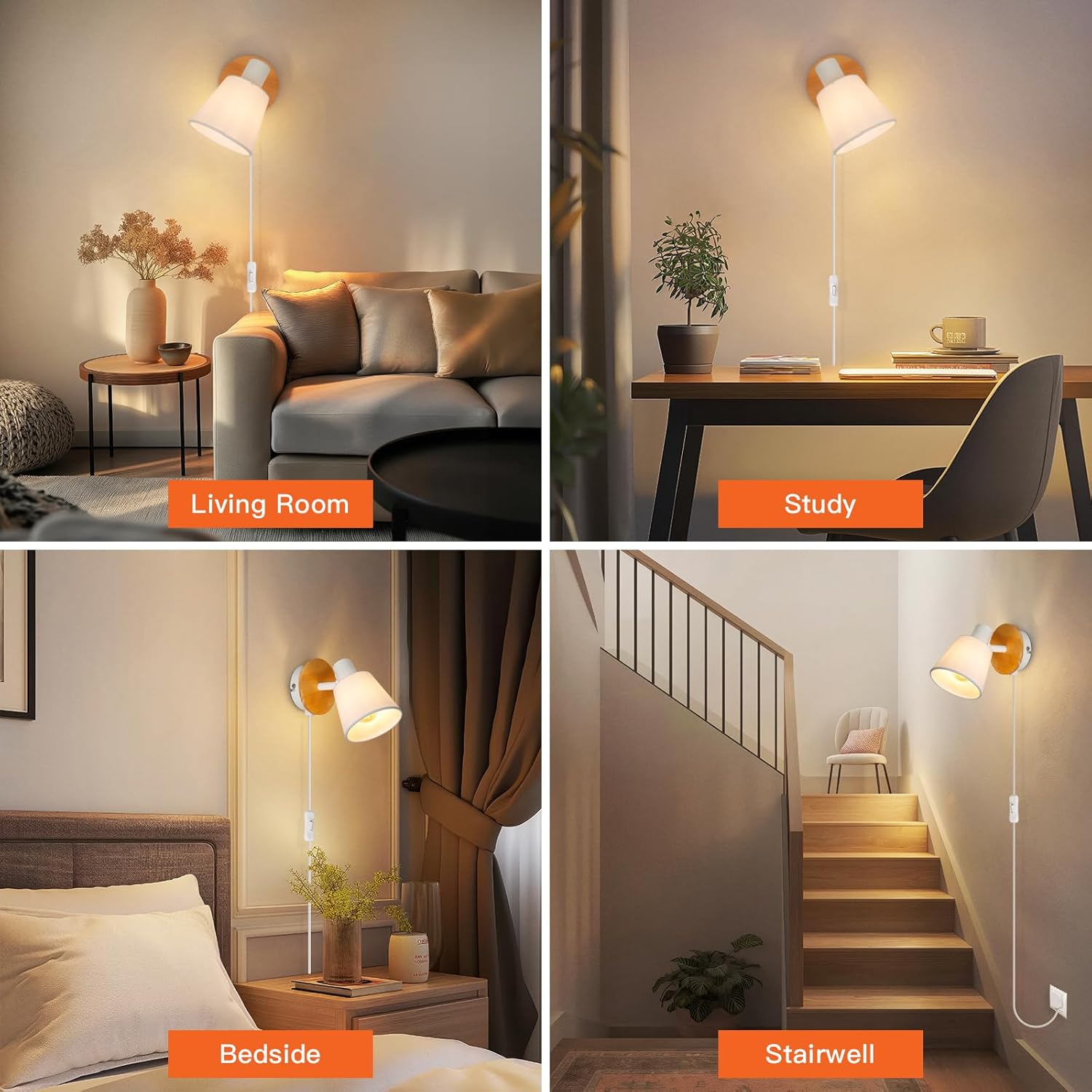 Collage of a wall-mounted lamp in different rooms: living room, study, bedside, and stairwell.
