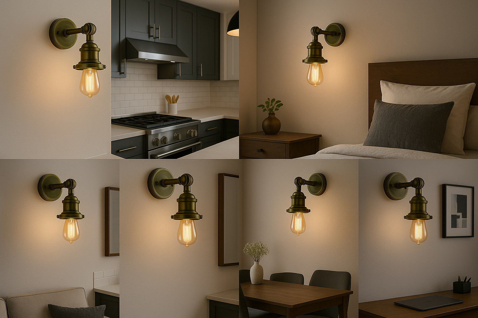 Collage of a wall-mounted light fixture in various indoor settings.