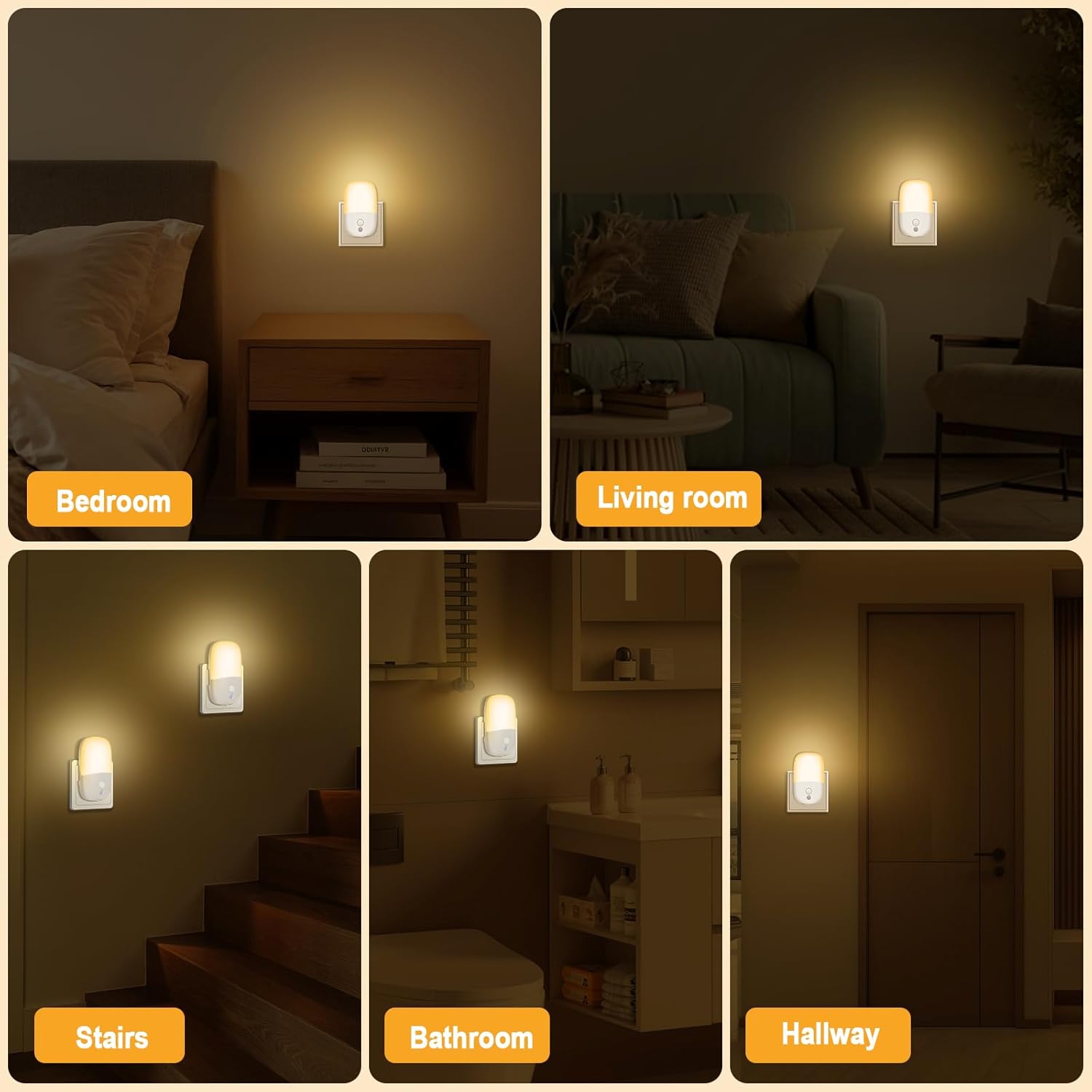 Collage of a wall-mounted light fixture in various indoor settings including bedroom, living room, stairs, bathroom, and hallway.