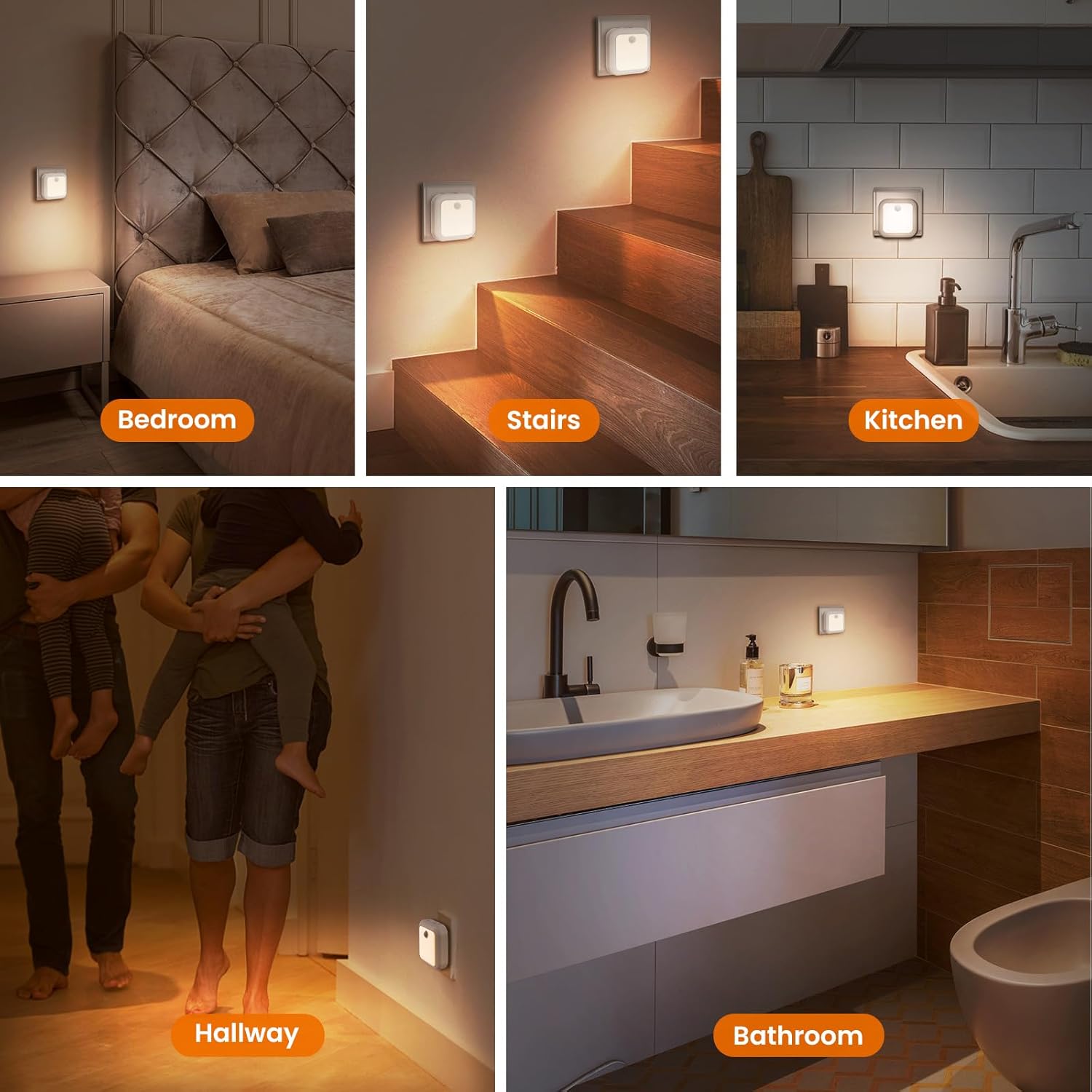 Collage of a wall-mounted light fixture in various indoor settings including bedroom, stairs, kitchen, hallway, and bathroom.
