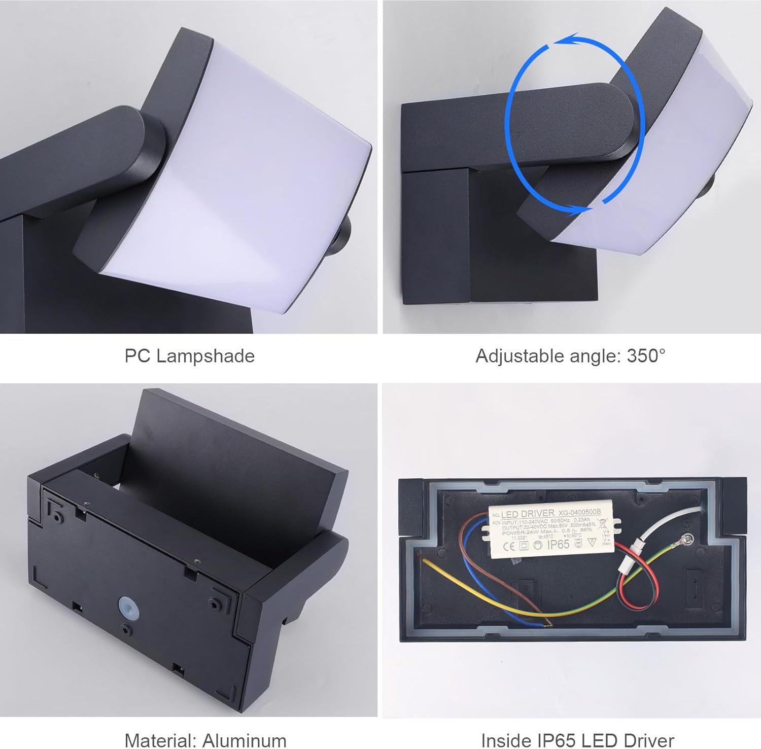 Collage of a wall-mounted light fixture with features highlighted.