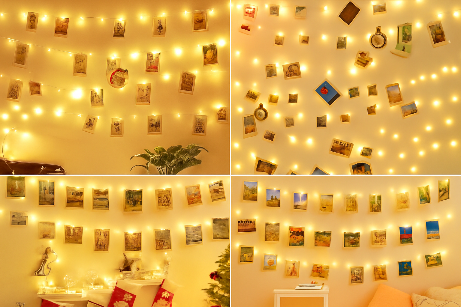 Collage of a wall decorated with framed pictures and string lights.