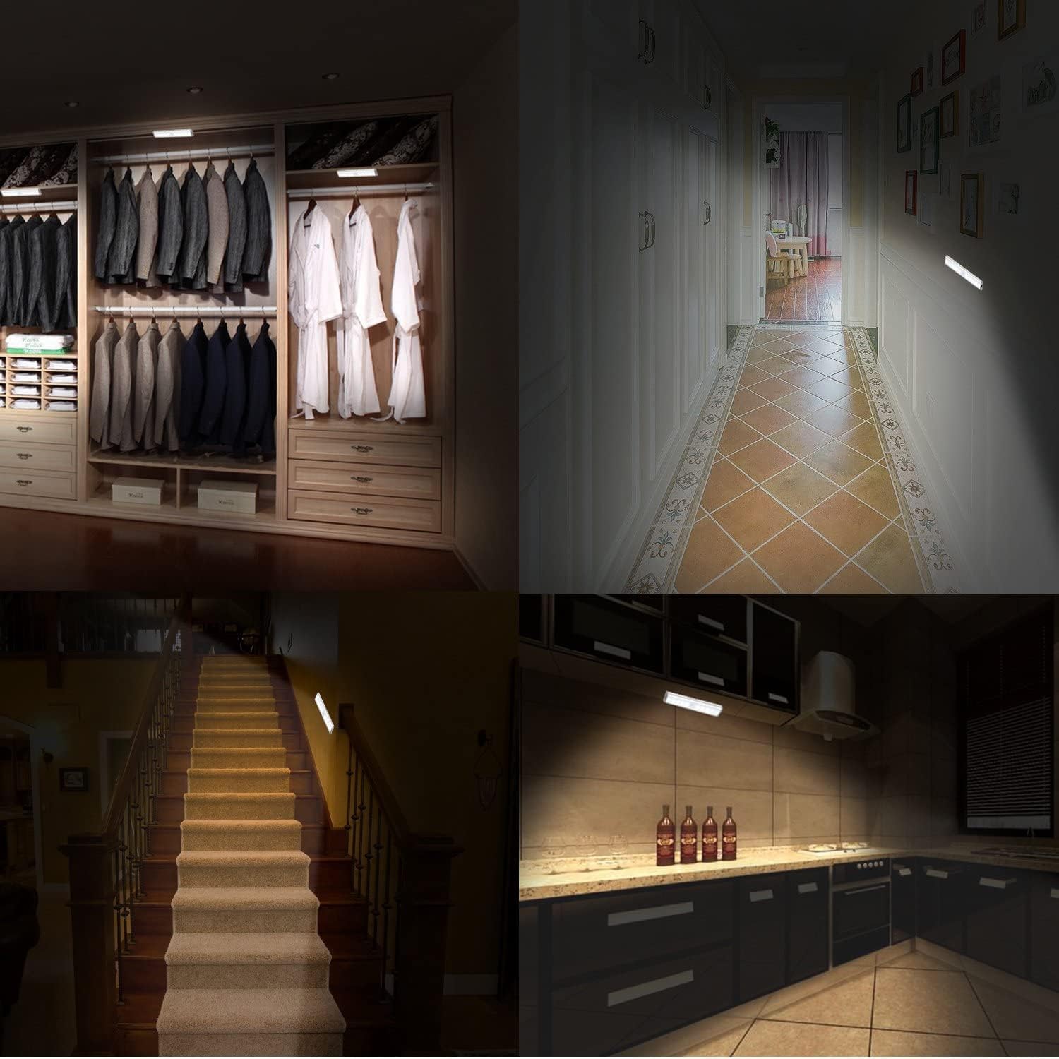 Collage of a well-organized closet, hallway, staircase, and kitchen.