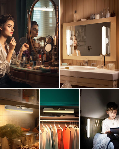 Collage of a woman using a vanity mirror with lights, a bathroom setup, a light on a hanger, and a child reading by a light.