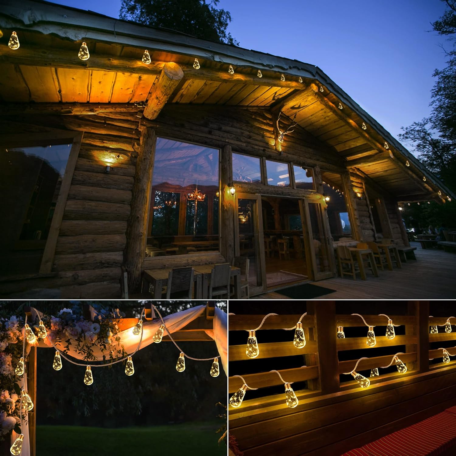 Collage of a wooden cabin exterior with string lights at night.