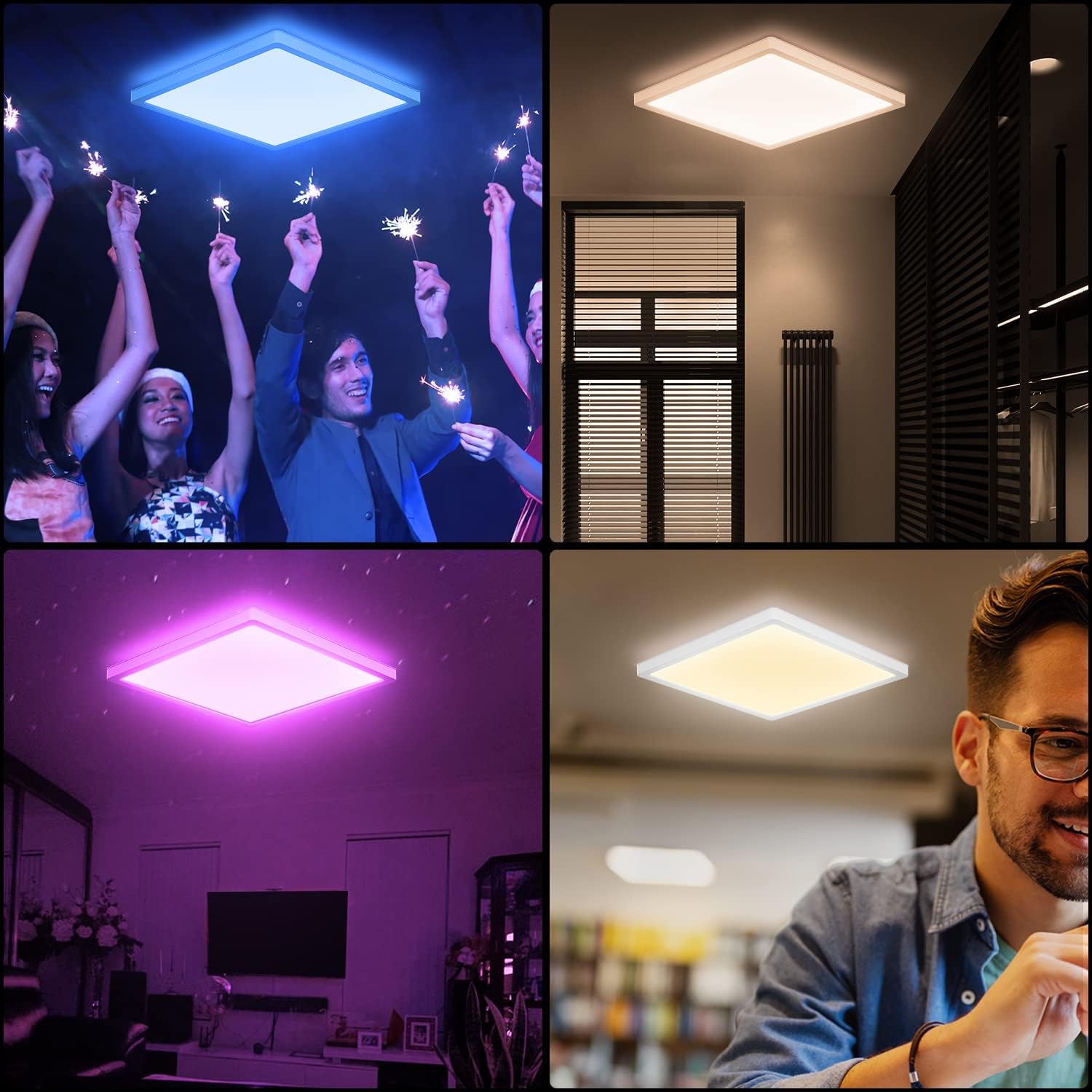 Collage of a square ceiling light fixture in various settings with people and colorful lighting.